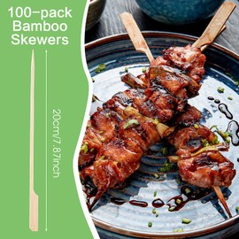 8 inch Bamboo Skewers, 100 PCS Bamboo Sticks for Cocktail Appetizer Toothpicks Kabab Skewers Picks Paddle Wooden Skewers for Cocktail, Fruit, Grilling, Drink, BBQ, Fondue(8 Inch)
