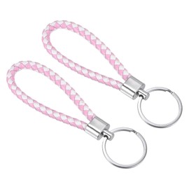 PATIKIL Braided Leather Keychain, 2 Pack PU Key Ring Woven Decoration Lanyard Strap for Bag Wallet, White Pink