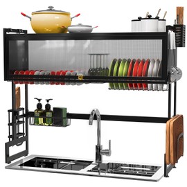 AIZOE Over The Sink Dish Drainer Drying Rack, 37.4 inch, Kitchen Supplies for Kitchen Counter Multiple Dishes Flatware & Utensil Holder, Black