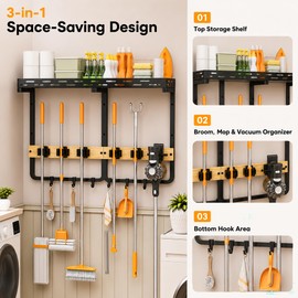 Tigerski Large Broom Mop Holder Wall Mounted with Top Shelf,3-in-1 Cleaning Supplies Organizer, Laundry Room Storage Rack with 5 Clamps and 6 Removable Hooks for Home Garage, Utility Room and Kitchen