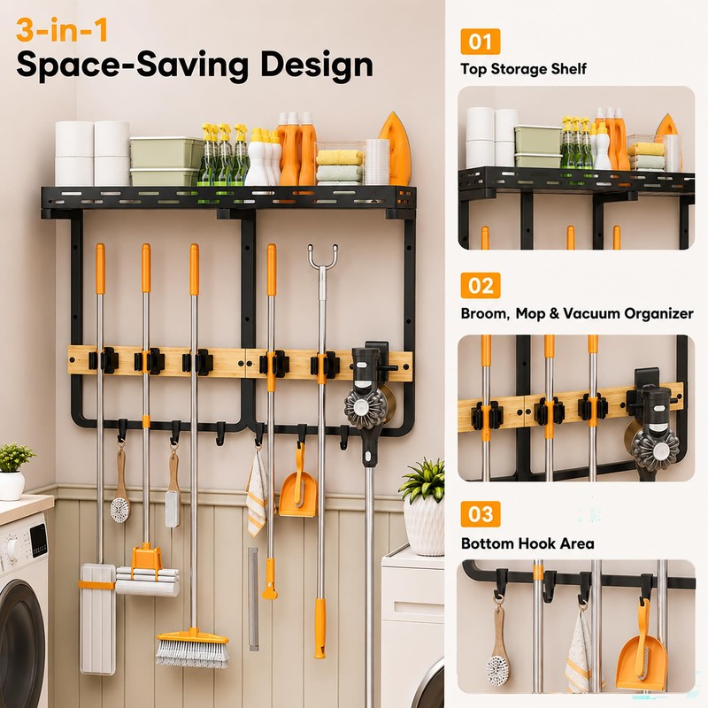 Tigerski Large Broom Mop Holder Wall Mounted with Top Shelf,3-in-1