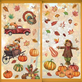Fall Window Clings Cute Scarecrow Pumpkin Window Stickers Cartoon Leaf Truck Window Decals Reusable Double Sided Stickers for Autumn Thanksgiving School Office Home Glass Decor 4 Sheet