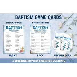 QUDNCR Baptism Games Set, 4 Games Includes Find The Guest Bingo, Scavenger Hunt, Biblical Couples, Finish The Phrase, 50 Double-Sided Cards & 1 Answer Card, Christening Bible Game Supplies -01