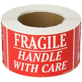 Aviditi Tape Logic 3" x 4", "Fragile Handle With Care" Red/White Warning Sticker, For Shipping, Handling, Packing, and Moving (1 Roll of 500 Labels)