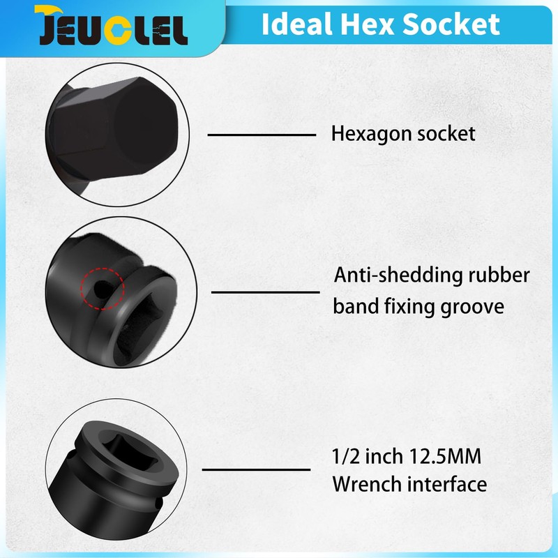 JEUCLEL 12mm Hex Impact Bit Socket, H8 1/2-Inch Impact Drive