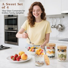 YOSMOET 16oz Overnight Oats Containers with Bamboo Lids, Glass Jars with Airtight Lids, Wide Mouth Mason Meal Prep Jars, Food Storage Container for Yogurt Salad Chia Pudding Snacks Spice Sugar,4 Pack