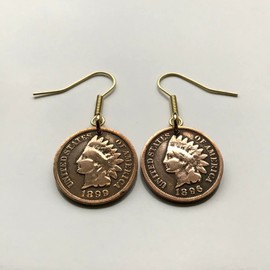 United States of America coin earrings antique Native American Indian Head Cent First Nations Chief Tribal feathered headdress War bonnet Great Plains Civil War Navajo Cherokee Choctaw Sioux e000171