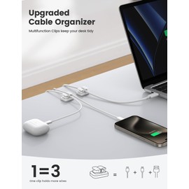3-in-1 Cord Organizer Spring Clip Holder - Lamicall Small Desk Cable Organizer Clips, Adhesive Adjustable Wire Holder for Phone Charging Cord, Cable Management, Office Desk Accessories, White, 3Pcs