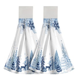 Mweet Winter Snowflake Kitchen Hand Towel,Deer Elk Snow Chrismas Theme Hanging Towels 2PCS, Super Soft Absorbent Washcloth Blue White Tie Towels for Bathroom Laundry Room Xmas Decor