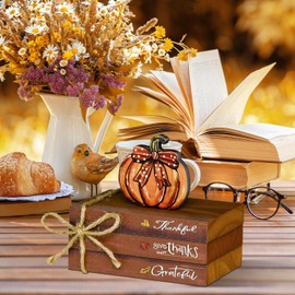 Smile Fall Thanksgiving Wooden Decor Indoor, Pumpkin Decor Thankful Grateful Faux Books Bundle, Thanksgiving Table Tiered Tray Kitchen Harvest Decorations