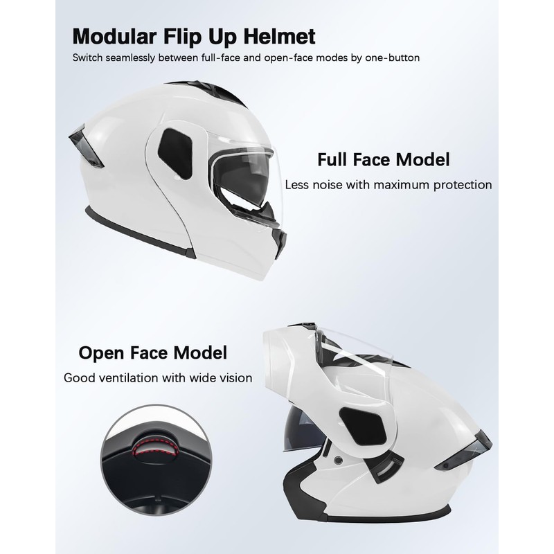 TTMiku Pearl White Motorcycle Dual Visor Flip Up Modualr Full