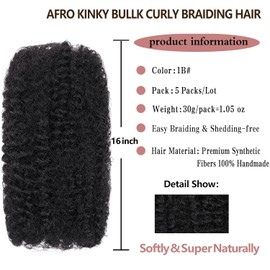 Xtrend 16 Inch Afro Kinky Bulk Hair 5 Bundles 150g Natural Black Synthetic Hair for Dreadlock Extensions, Repair Locs, Twist Hair or Braids