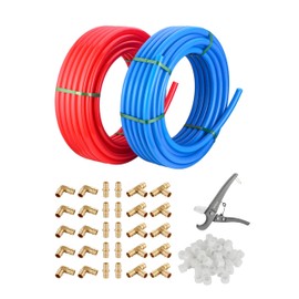 EFIELD 1/2-inch 2 x100 ft Pex-A Tubing/Pipe （All in One） Red & Blue 200 ft， 30 PCS 1/2" Brass Expansion pex Fittings- Elbow Tee Coupler (30 PCS), 1/2' Expansion Rings (100 Pcs), Pipe Cutter (1/2-inch)