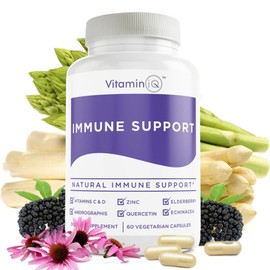 VitaminIQ Immune Support Supplement with Vitamin C and Zinc, Sambucus Elderberry, Vitamin D3, Glutathione, Echinacea Capsules - Natural Immune Booster Herbal Supplements - Vegan, Gluten-Free (60ct)
