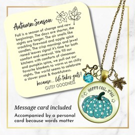 Happy Fall Y'All Necklace Teal Pumpkin Stars Autumn Fashion Costume Jewelry Message Card