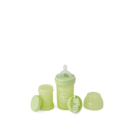 Twistshake Anti-Kolik-Babyflasche mit Milchpulverbehälter und Mixer - 180ml | Brustähnliche Nippel aus Silikon mit mittlerem Durchfluss | BPA-freie Babymilchflasche | Neugeborene (0+) | Kaktusgrün