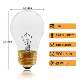 Appliance Oven Light Bulb A15 40 Watt Light Bulb,High Heat Incandescent Bulbs Resistant Appliance for Oven, Stove, Refrigerator, Microwave E26 Medium Base, (2 Pack)