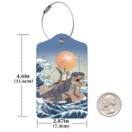 2 Pcs Luggage Tags for Suitcase, Cute Unique PU Leather Travel Bag Tag with Privacy Cover ID Label Address Card and Durable Metal Ring Suitable for Men Women Children Backpack,Cat Riding Dinosaur