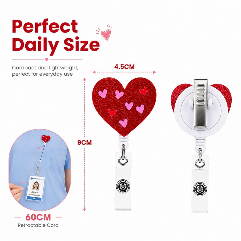 2 Pack Heart Badge Reel Retractable ID Holder, Cute Glitter