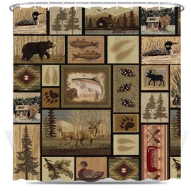 Hajmsug - Cortina de ducha rústica de granja, diseño retro de oso alce Lodge, juego de cortinas de ducha estilo clásico, diseño de hojas de pato salvaje Mountain Hill con ganchos, 36 x 72 pulgadas