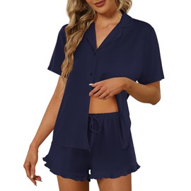 Ekouaer Pajamas Set for Women Short Sleeve Sleepwear Button Down Pjs Lounge Sets Soft Nightwear Navy Blue Medium