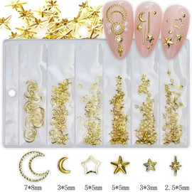 Calkkrer Pack of 400 Gold Silver Star Nail Charms, 3D Alloy Star Moon Nail Rhinestones, Five-Pointed Star Glitter Nail Art Design, Nail Gemstones