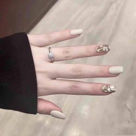 LIyun&Hang 3D Handmade Press on Nails Short Square Shapes 24Pcs Glossy Full Cover Artificial Fake Nails With White With Shiny Rhinestones Design, Reusable Luxury jelly glue Stick On Nails, (type-4)