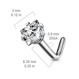 FIFTH CUE Prong Set Square Diamond CZ Solid Grade 23 Titanium L Bend Stud Nose Ring, Large, Metal, cubic-zirconia