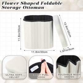 Qinyoung 2 Pcs Storage Ottoman Flower Shaped Foot Stools Foldable Velvet Storage Box Footrest Small Ottoman Seat with Folding Vanity Stool for Dorm Home 12. 6 x 12. 6 x 12. 6 Inch(White)