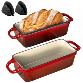 2 IN 1 Cast Iron Bread Loaf Pan with Lid, 3.4QT 9x5 Inch Dutch Oven for Bread Baking, Even Heating Bread Oven, Enameled Bread Pan for Homemade Sourdough Bread Baking & Versatile Cooking, Red