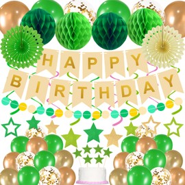 Green Birthday Decorations Happy Birthday Banner Stars Hanging Swirl Streamers Green and Gold Balloons 69PCS Party Decorations for Women Men Wedding
