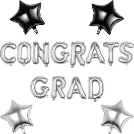 Pargleev Congrats Grad Balloons with Star Hanging Foil Balloons Letter for 2025 Grad Graduation Retirement Party Decorations Silver Black