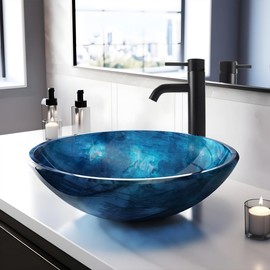 YIMAI Ingenuity Vessel Sink 16.5" Bathroom Sinks Tempered Glass Blue Art Basin Round Bowl with Faucet Combo Blue,Modern Countertop Bowl Sink for Lavatory Vanity Cabinet