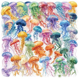 50PCS Jellyfish Transparent Stickers Pack,Aesthetic Colorful Cute Jelly Fish Decor Gifts for Kids Teens Adults Waterproof Vinyl PET Ocean Animal Stickers for Scrapbook Party Favors (Jellyfish)