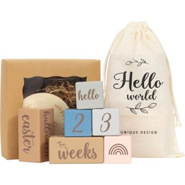 § &∞ & COCO Monthly Monthly Cards, Natural Wood Material, Gift Box Included, Wood Blocks, Baby Shower, Newborn Photo, Maternity Photo, Memorial, Growth Record, Storage Bag Included (Cset)