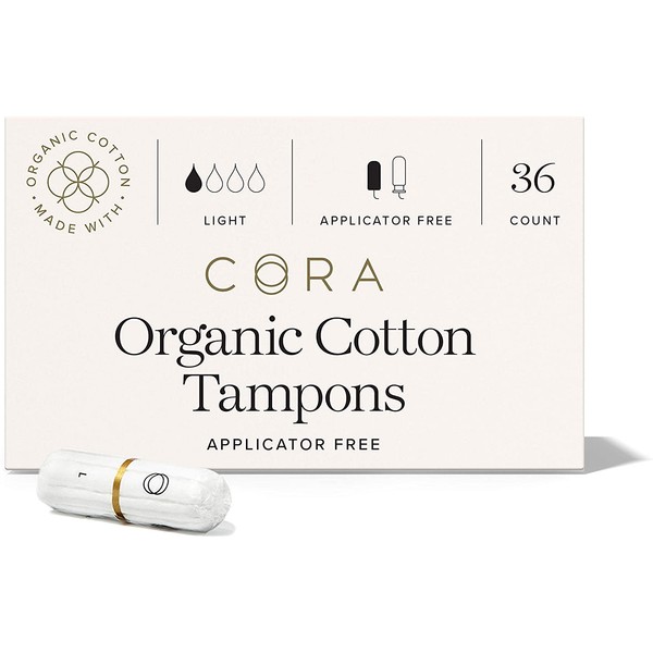 Cora 100% Organic Cotton Non-Applicator Tampons | Ultra-Absorbent, Unscented, Natural, Non-Toxic, Applicator Free | Eco-Conscious (Light Absorbency (36 Count))