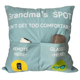 Grandma Gifts, 2-Pocket Grandma’s Spot Throw Pillow Covers 18x18 Inch Birthday Christmas Anniversary Thanksgiving Day Gifts for Grandma Mom Gigi Nana Mimi Grandmother-Light Blue