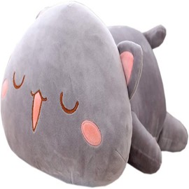 SEENEEY Cute Plush Cat Plush Animal Soft Anime Lying Down Kitten Plush Pillow Toy, 11.8 Inch, Gray, Squinting Eyes.