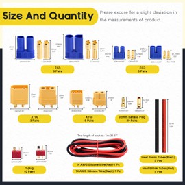 Mardatt 104 Pcs XT60 / XT90 /EC3 / EC5/T-Plug Deans/3.5mm Banana Plug Male Female Adapter Connectors with Heat Shrink Tube and Silicone Wire for RC Battery Charger ESC Motor Accessories