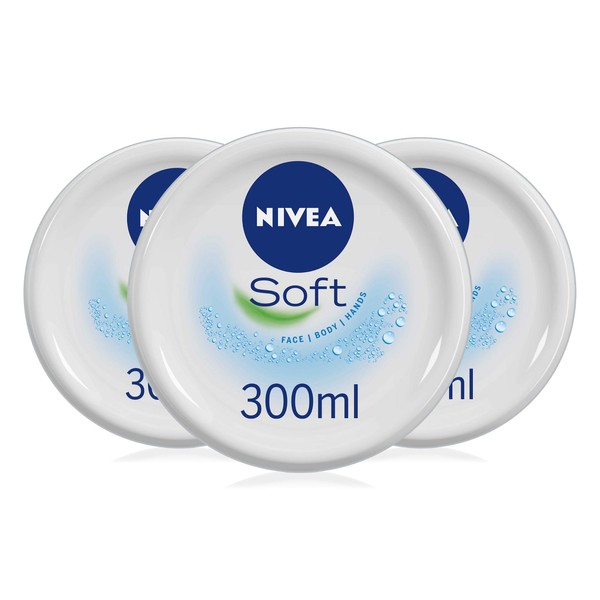 NIVEA Soft Pack of 3 (3 x 300 ml), A Moisturising Cream for Face, Body and Hands with Vitamin E and Jojoba Oil, Hand Cream Moisturises Deeply, All-Purpose Day Cream