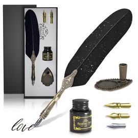 Vintage Feather Quill Pen and Ink Set – Black Feather Pen and Ink Set with Stainless Steel Nib & Stand for Calligraphy Beginners, Authors & Writers – Unique Gift & Vintage Decor for Home & Office