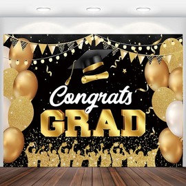 Graduation Backdrop 10x8ft Black and Gold Congrats Grad Photo Background Large Class of 2025 Congratulations Graduate Banner Decorations for School Prom Party Photoshoot Photo Booth Props