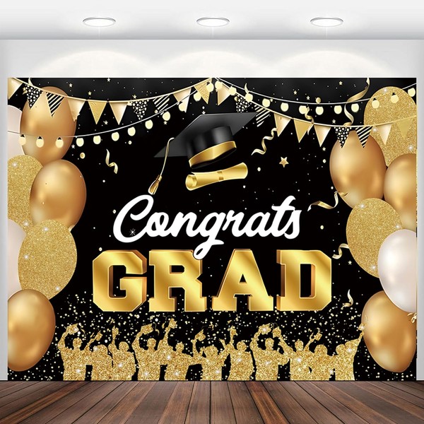 Graduation Backdrop 10x8ft Black and Gold Congrats Grad Photo Background