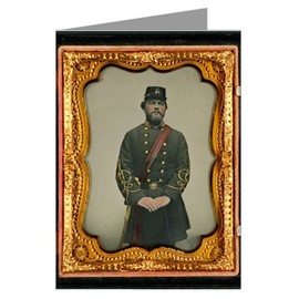 Single Vintage Greeting Cards of Southern Civil War Soldier in Captain's Uniform, red sash, and Kepi Marked V.V. from Civil War