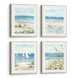 Bedroom Framed Beach Wall Art: Modern Living Room Blue Ocean Scene Picture 4 Piece Bathroom Tropical Coastal Landscape Artwork Vertical Relaxing Seascape Sailboat Painting Sea Print for Home