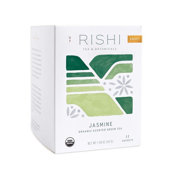 Rishi Tea Jasmine Green Herbal Tea | Organic, Caffeinated, Green Tea Scented, Floral Aroma & Taste | 15 Sachet Bags, 1.48 oz (Pack of 1)