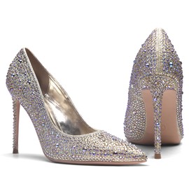 GENSHUO Women's Stiletto High Heels 10 cm Sexy Lace Stiletto Pumps Patent Leather Closed Toe Party Prom Wedding Heel Shoes Stiletto Heels Size EU 36-42, glitter gold rhinestone