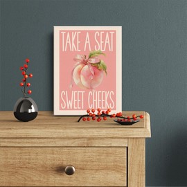 Funny Pink Peach Bathroom Wall Art Decor Cute Bow Fruit Canvas Painting for Bathroom Toilet Bathroom Home Take a Seat Sweet Cheeks Wall Signs Framed 12 X 15 Inch