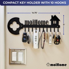 moiHome Key Organizer Wall Mount Rack - Decorative 10 Hook Iron Key Ring Holder for Wall - Ideal for Entryway, Front Door, Kitchen, Hallway - Includes Screws & Anchors – 5 x 14.75 Inches, Black