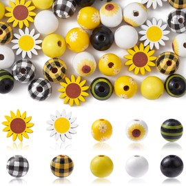 DanLingJewelry 50pcs 10 Styles Sunflower Wooden Beads Set 16mm Round Yellow Black White Wooden Beads Farmhouse Beads for Jewelry Making